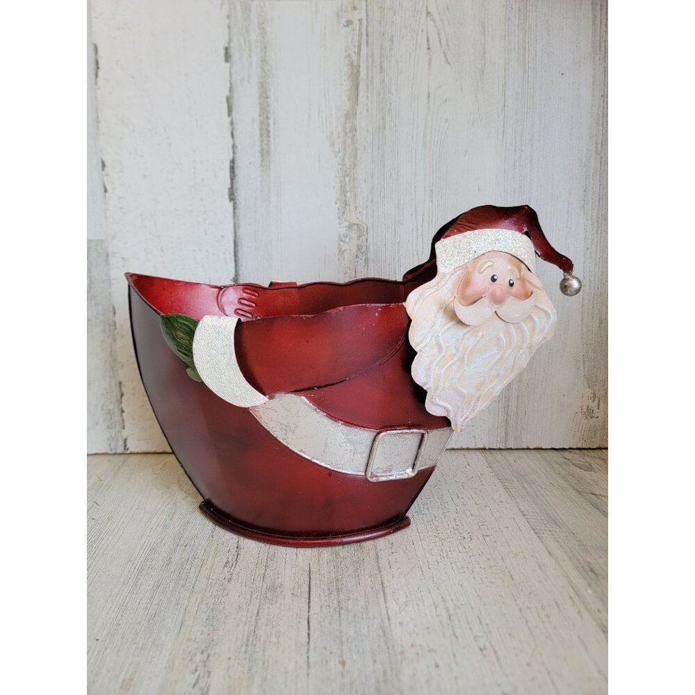 Pier 1 Santa tin‎ metal bucket holiday home decor Xmas figure
